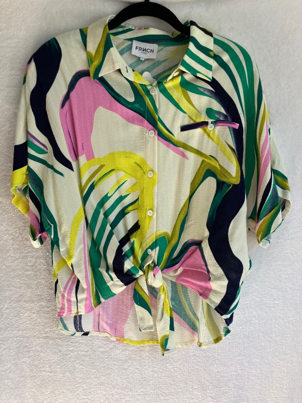 NWT FRNCH Paris Blouse L Abstract Tropical Print Tie Front 100% Viscose Shirt